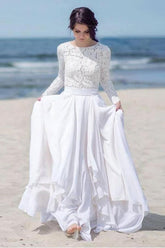 Vestido de novia/boda playera de gasa con encaje, manga larga, blanco y cremallera WD451